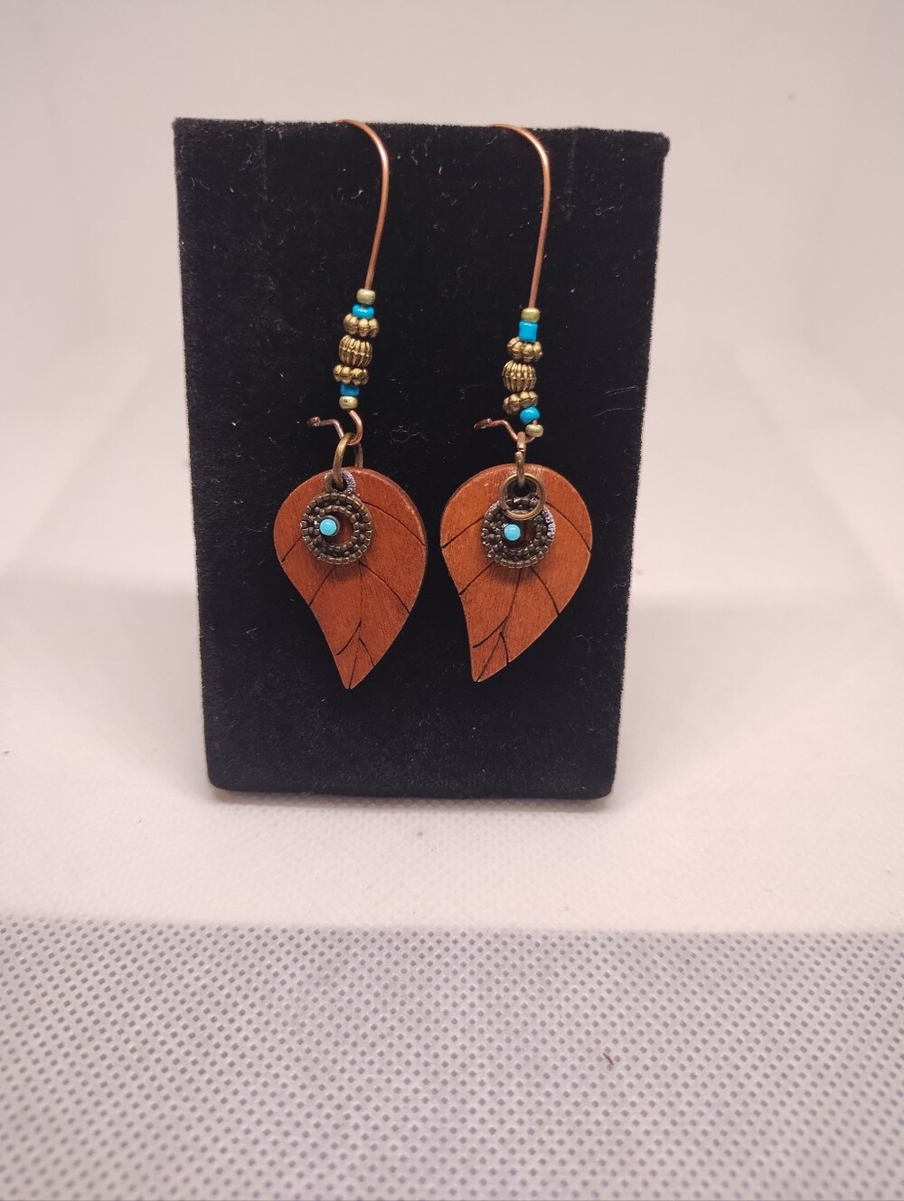Brown Leaf‎ Drop Earrings with Turquoise Accents Wooden G22